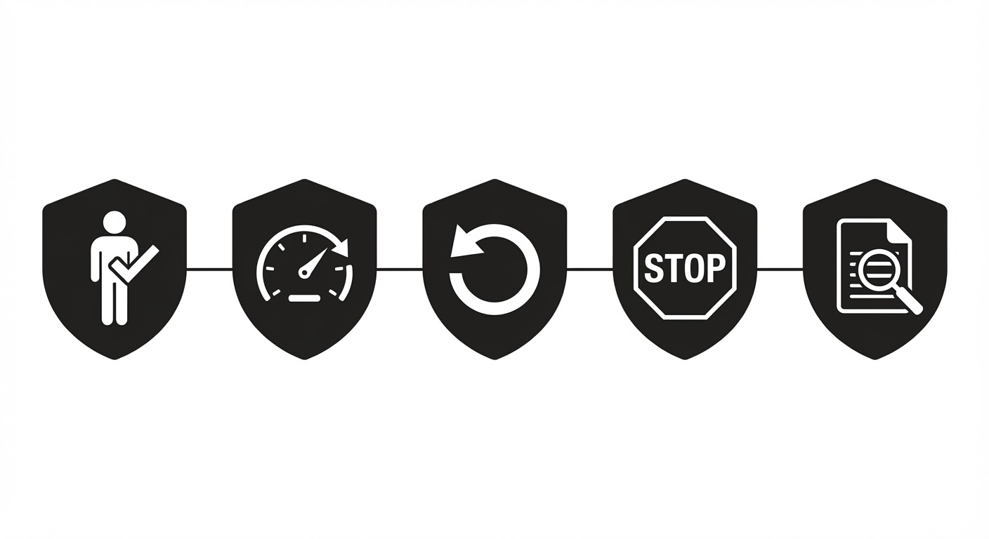 Minimalist illustration showing five shield icons in a horizontal row, each containing a different g