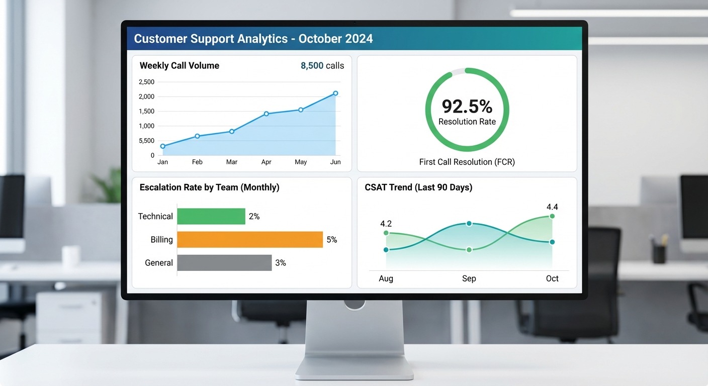 Analytics dashboard showing call volume graph, resolution rate percentage, escal