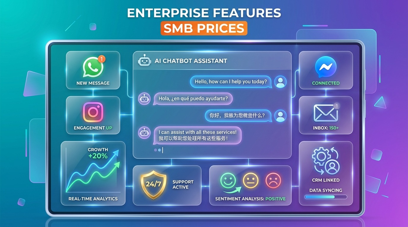 Modern dashboard mockup showcasing multiple features in a grid layout - center shows AI chatbot inte
