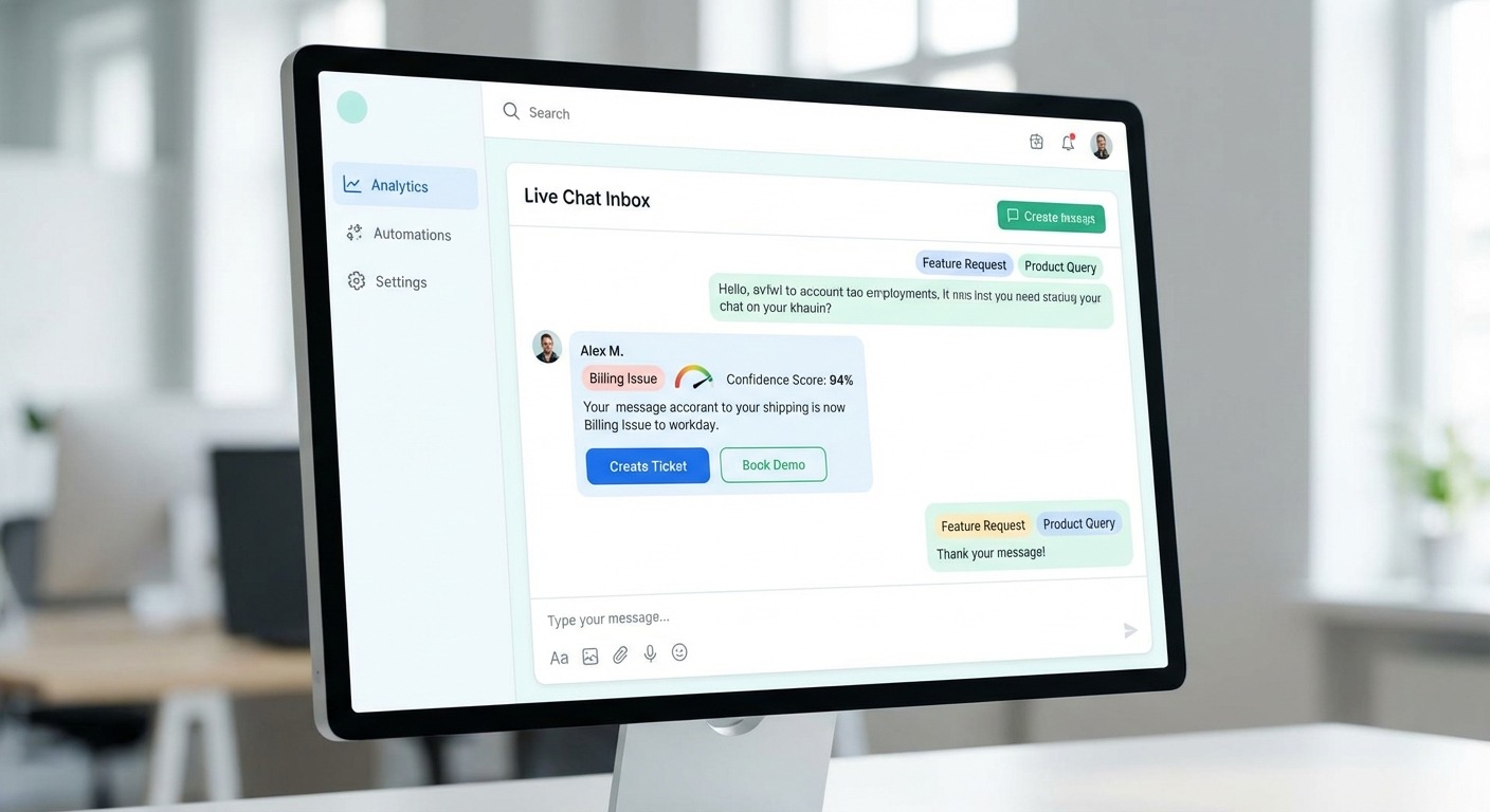 Clean Product style SaaS dashboard showing live chat inbox, intent tags, confidence score, and actio