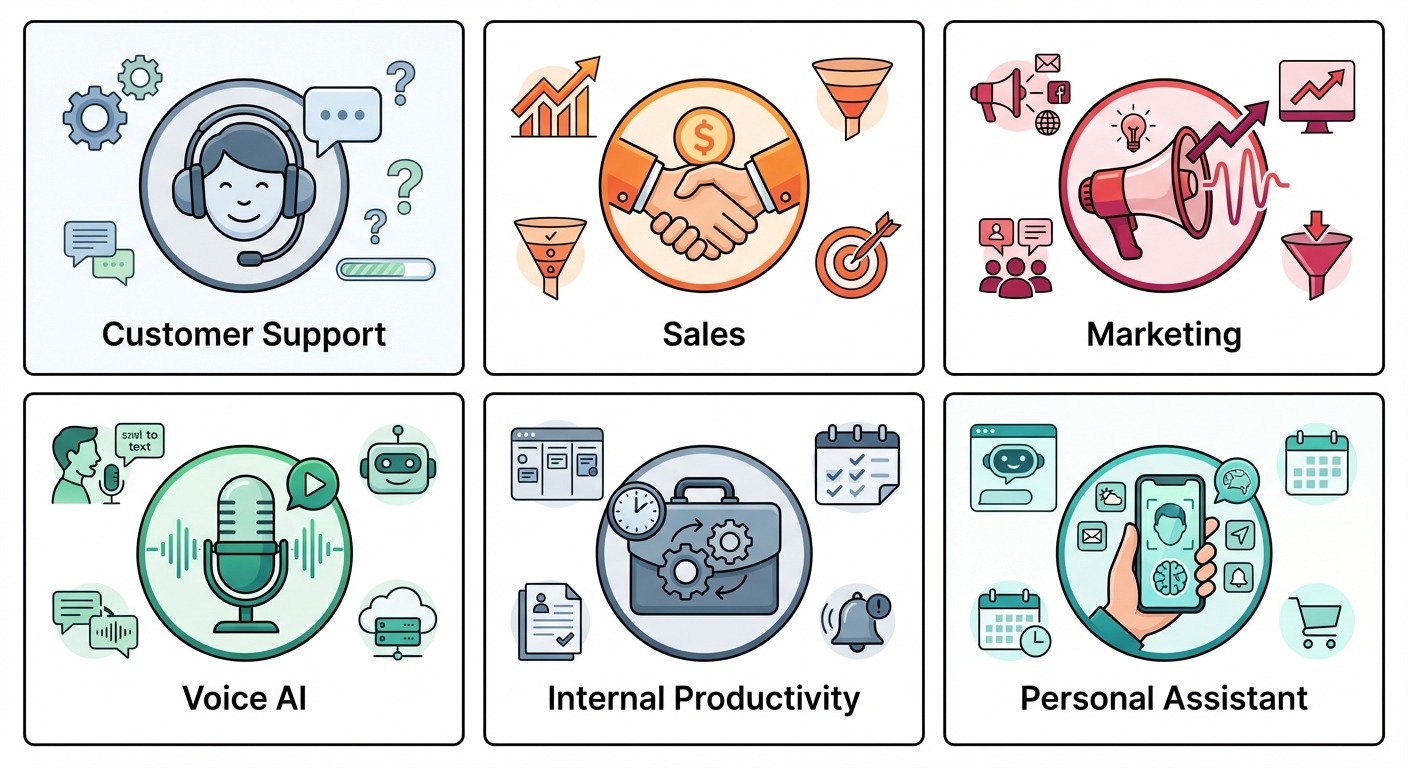 Clean Product style illustration showing six distinct panels, each representing a conversational AI