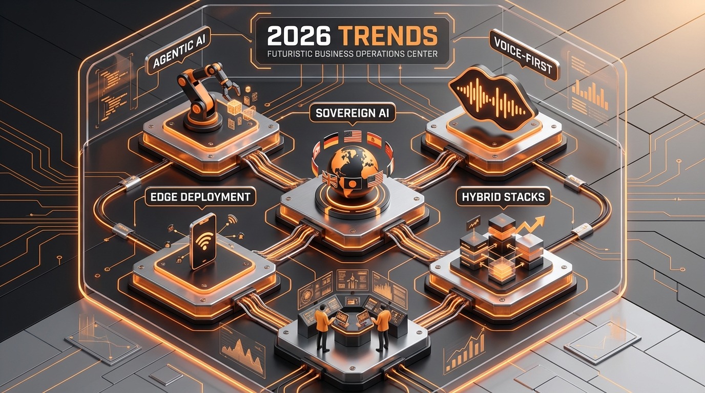 3D Isometric style illustration showing a futuristic business operations center with five interconne