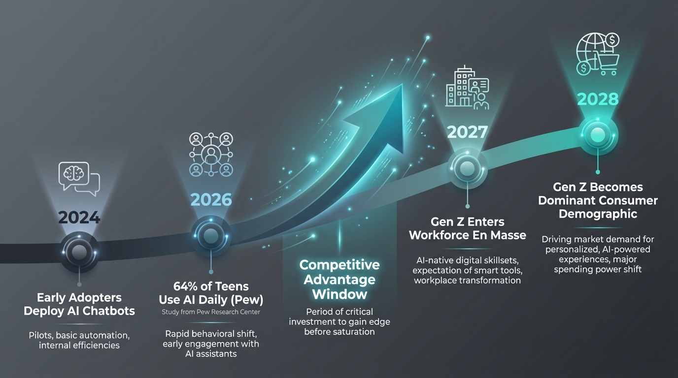 Gradient modern style timeline showing business AI adoption from 2024 to 2028. Key milestones: "2024