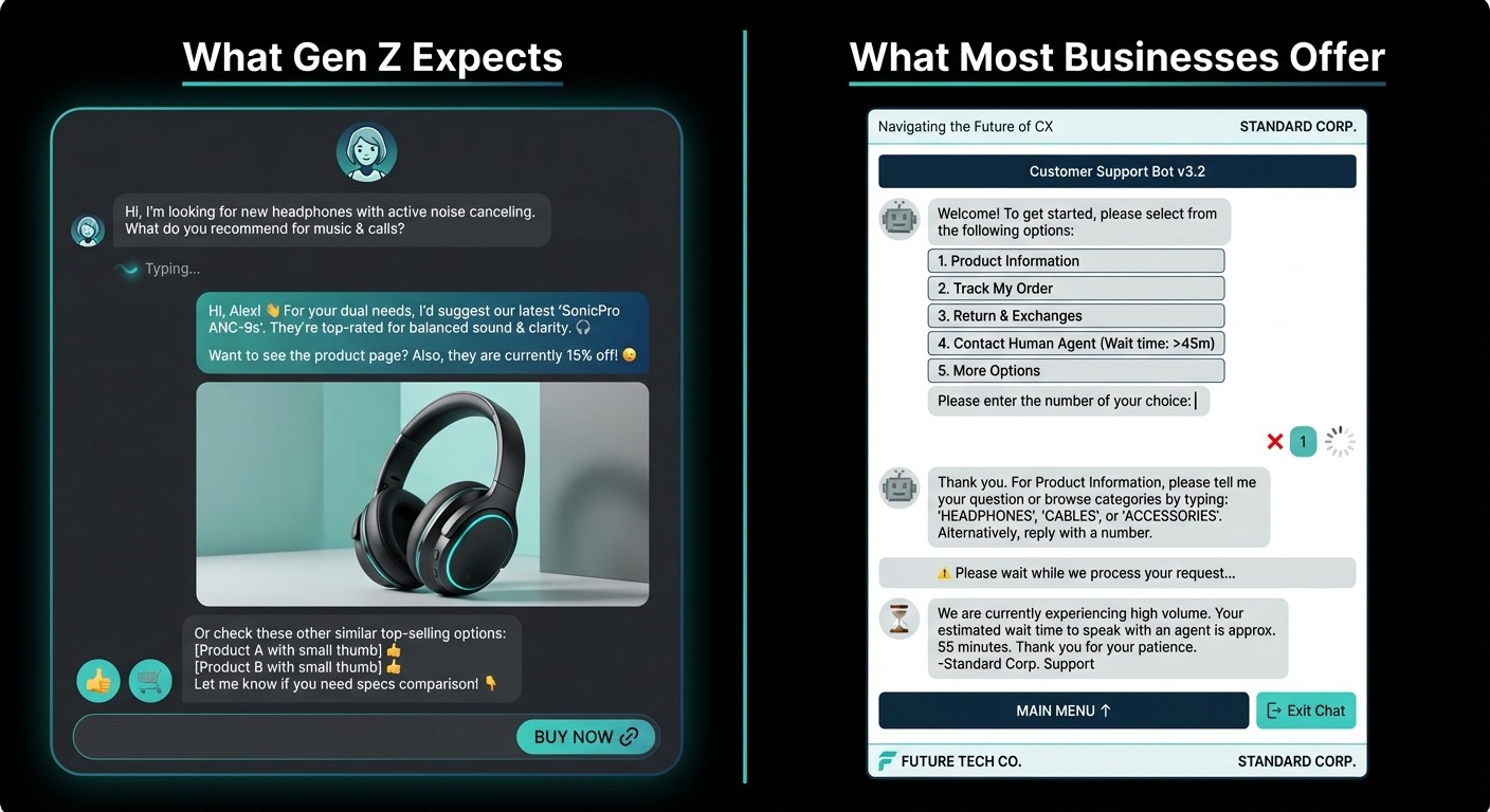 Split-screen comparison showing two chatbot interfaces side by side. Left side labeled "What Gen Z E