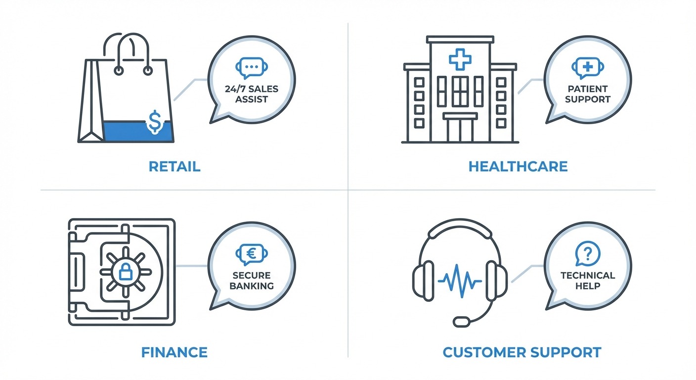 A minimalist infographic style illustration showing four industry icons in a 2x2 grid: a retail shop