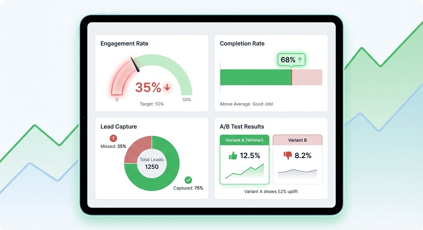 Dashboard mockup showing key chatbot metrics - Engagement Rate gauge at 35%, Com