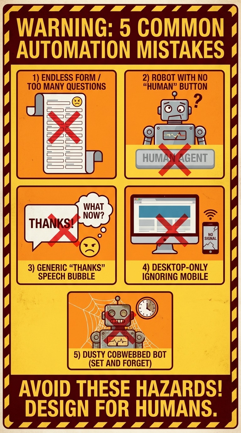 Warning-style infographic showing 5 common mistakes as red X marks with icons: 1