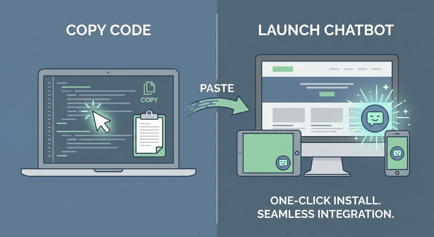 Split illustration - Left side shows code snippet being copied (with visual copy/paste action), Righ