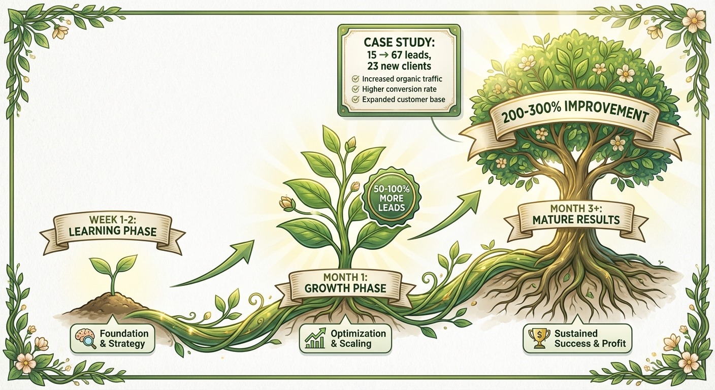 Timeline/roadmap graphic showing 3 milestones - Week 1-2 (learning phase, small plant seedling), Mon