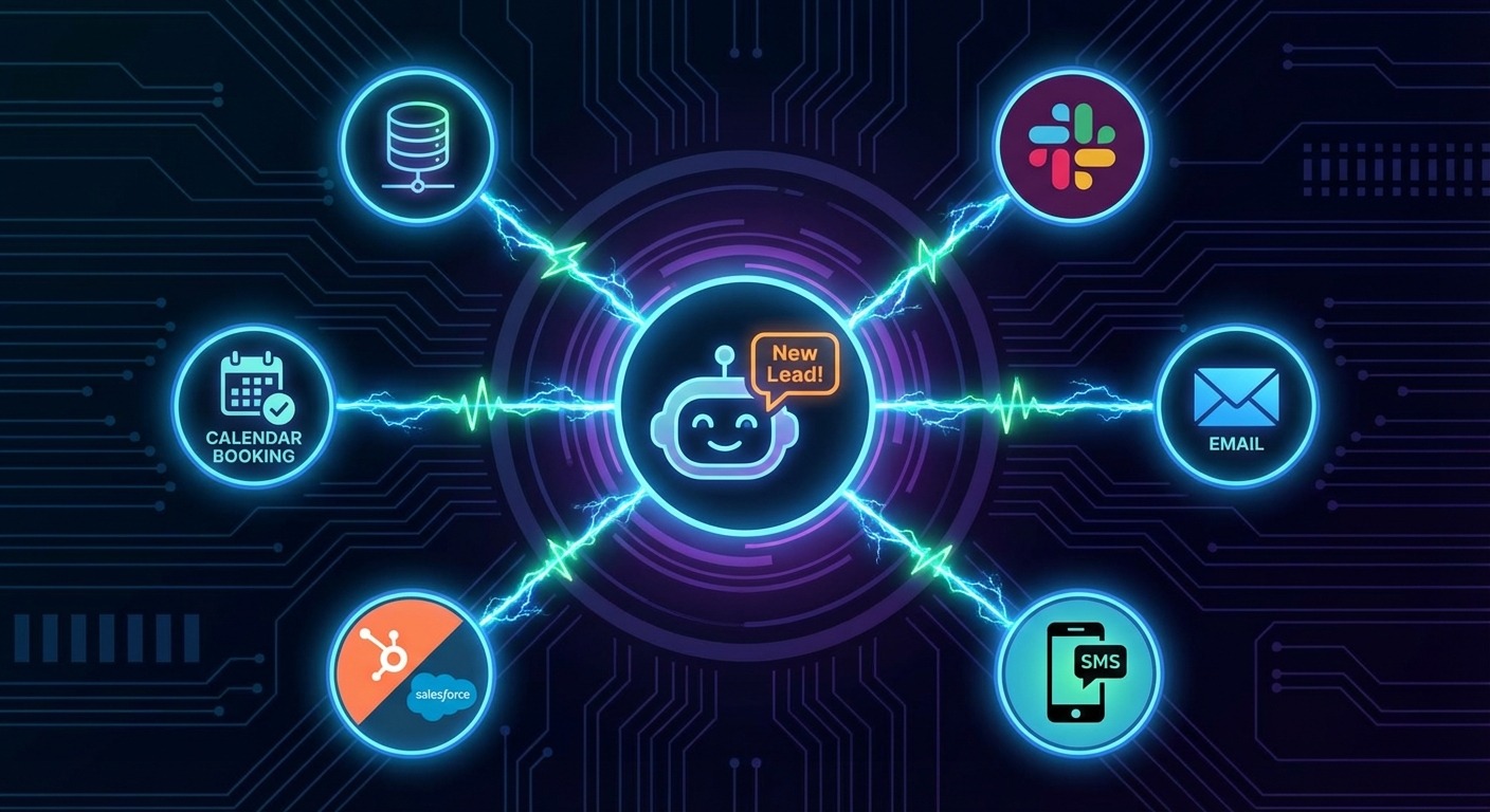 Hub-and-spoke diagram - Center shows chatbot icon with 