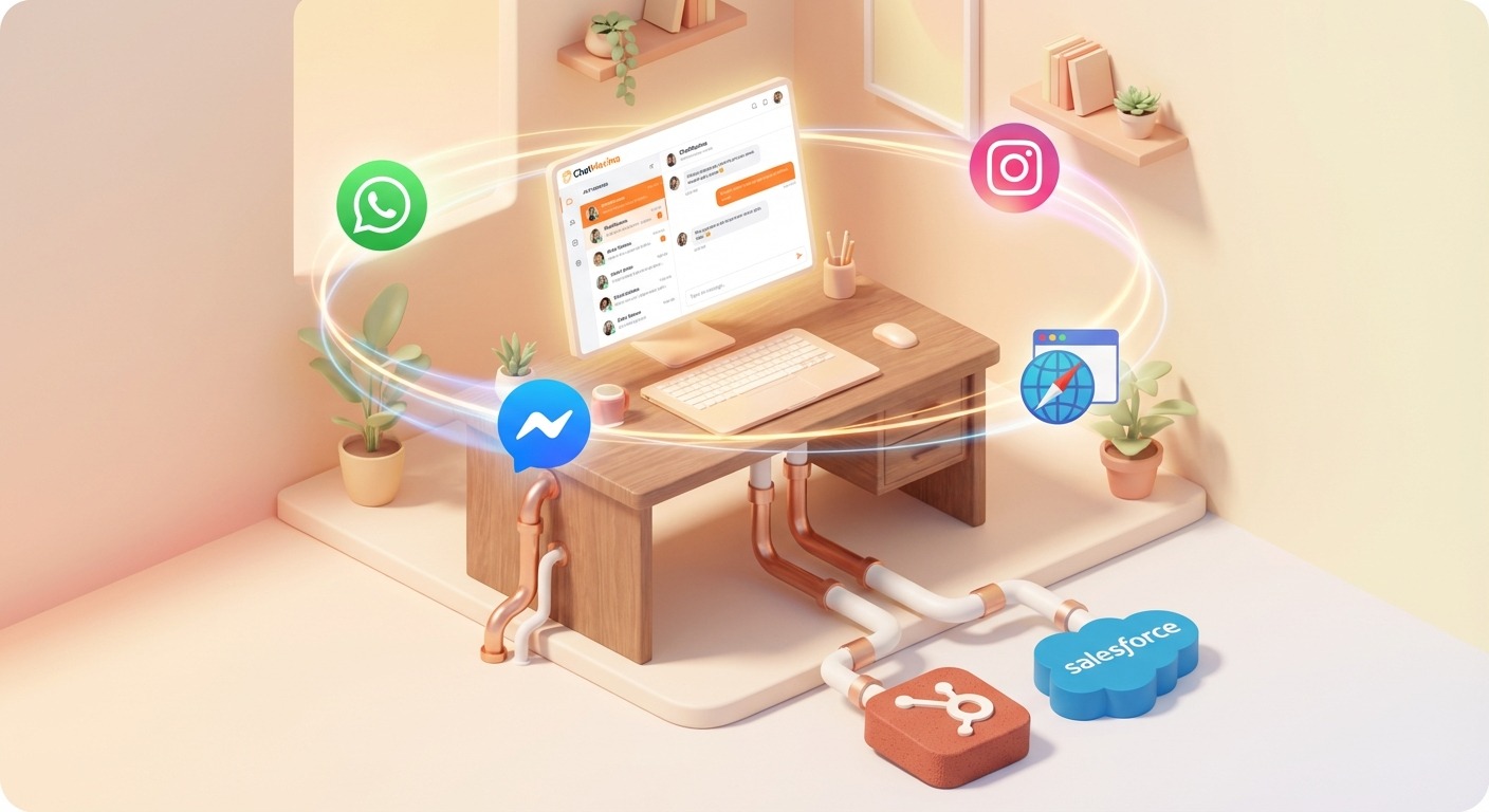 3D Isometric illustration of a miniature workspace scene. A central desk has a m