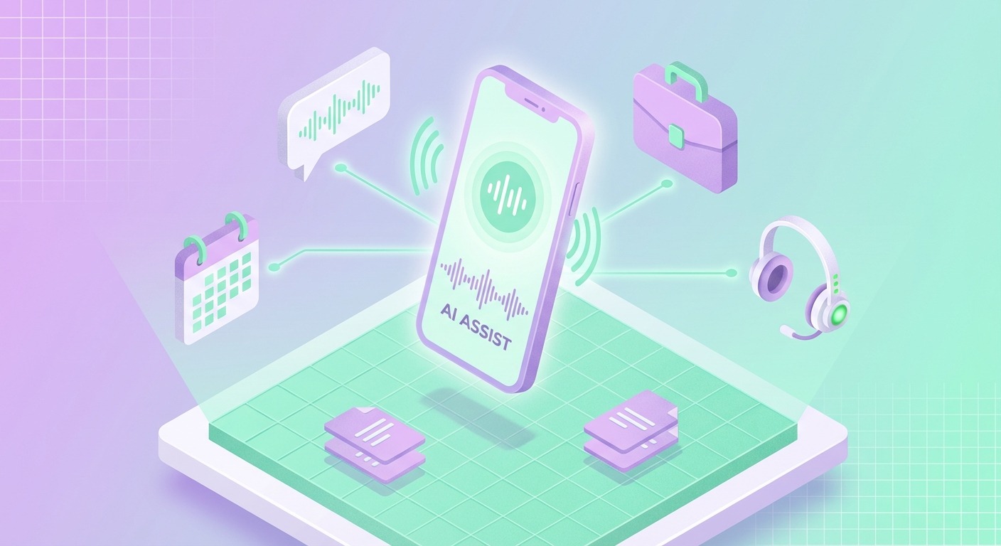 3D Isometric illustration of AI voice agent system. Central floating smartphone 