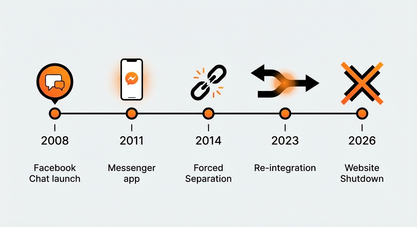 Clean timeline infographic style. A horizontal timeline from 2008 to 2026 with key milestones marked