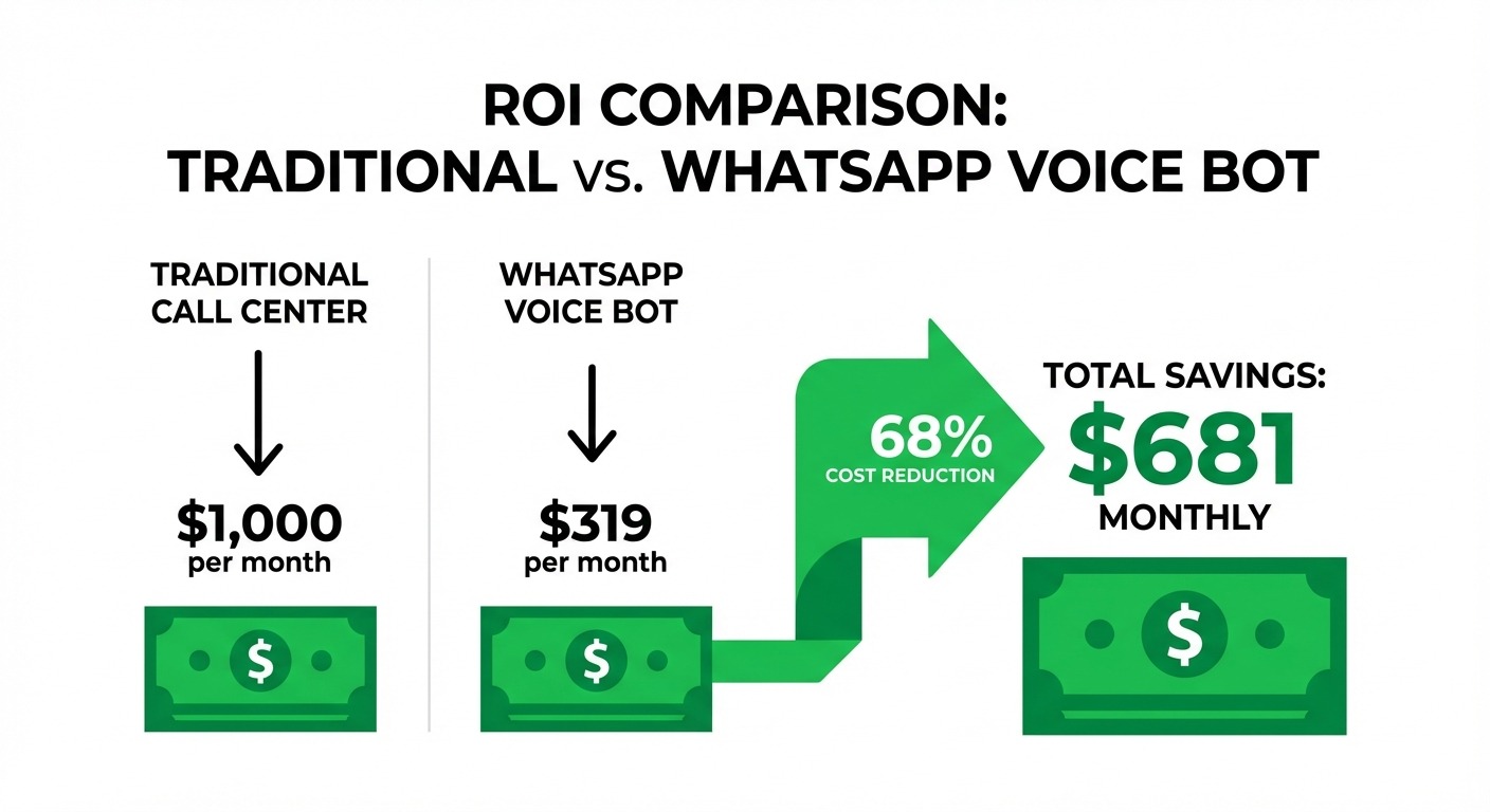 ROI comparison chart showing traditional call center at $1,000 per month vs What