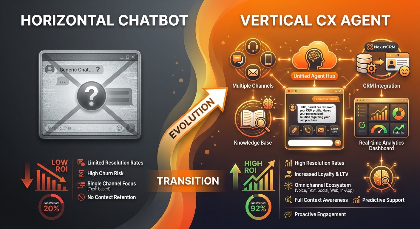 Gradient Modern style comparison visual. Left panel labeled "Horizontal Chatbot" shows a single gene