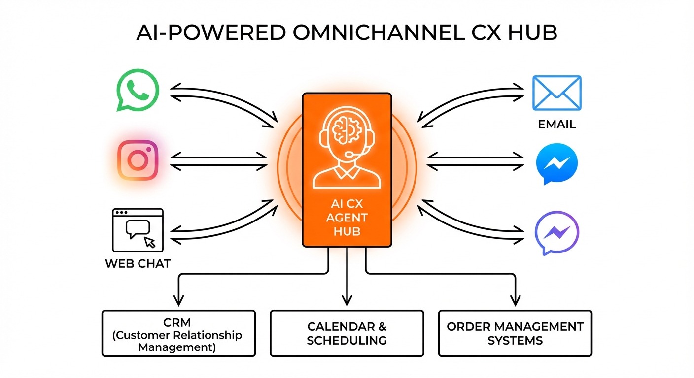 Minimalist style diagram showing a vertical CX agent at the center connected to multiple channels - 