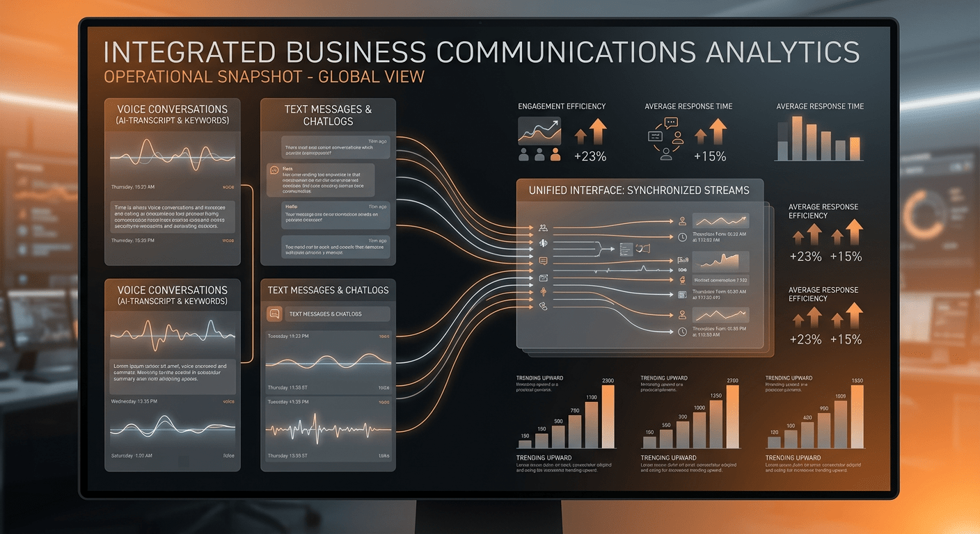 Gradient modern style, futuristic dashboard showing converging voice and text conversation streams m