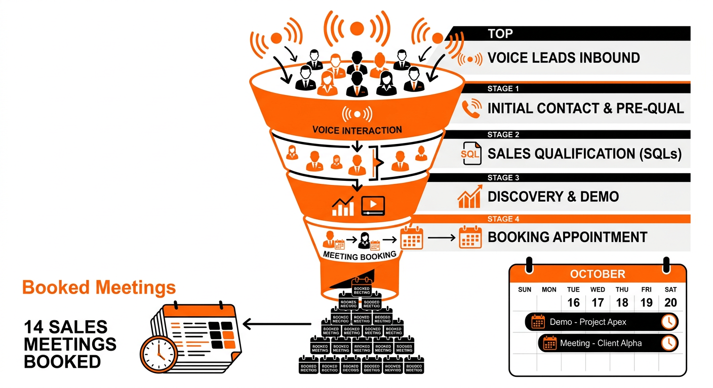 Minimalist style illustration showing a sales funnel with voice wave icons at the top, qualified lea