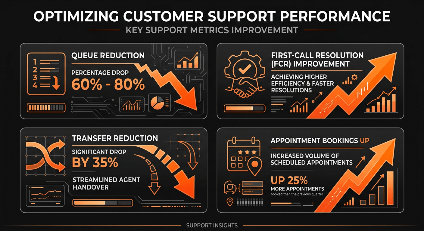 Stats and data style, infographic showing four customer support metrics with upward/downward arrows: