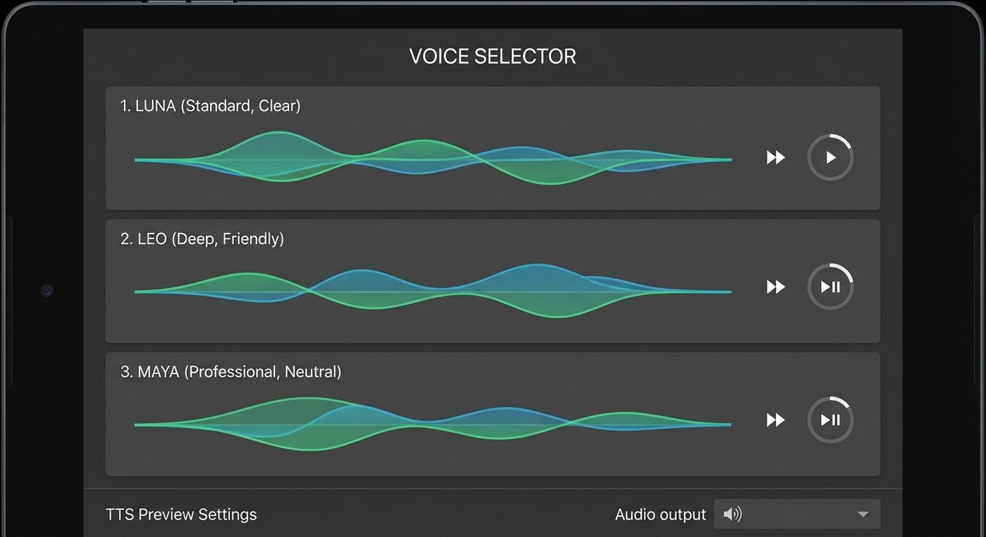 Voice selector interface showing waveform previews of different TTS voice option
