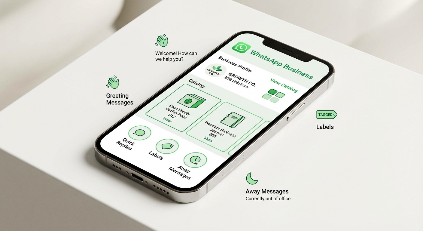 Clean Product style image showing a smartphone displaying the WhatsApp Business App interface with b