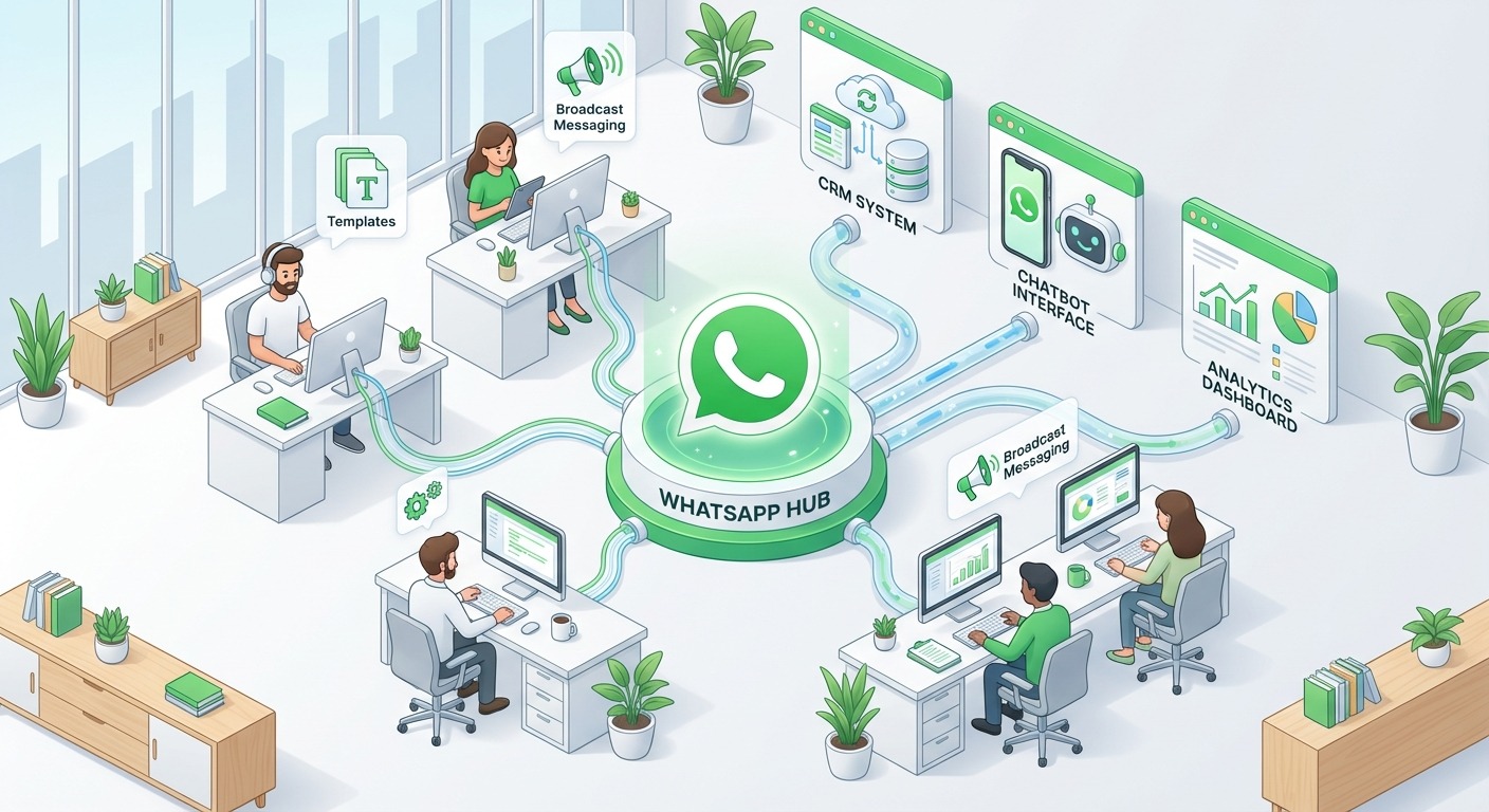 3D Isometric style illustration showing a business team of five people working at desks connected to