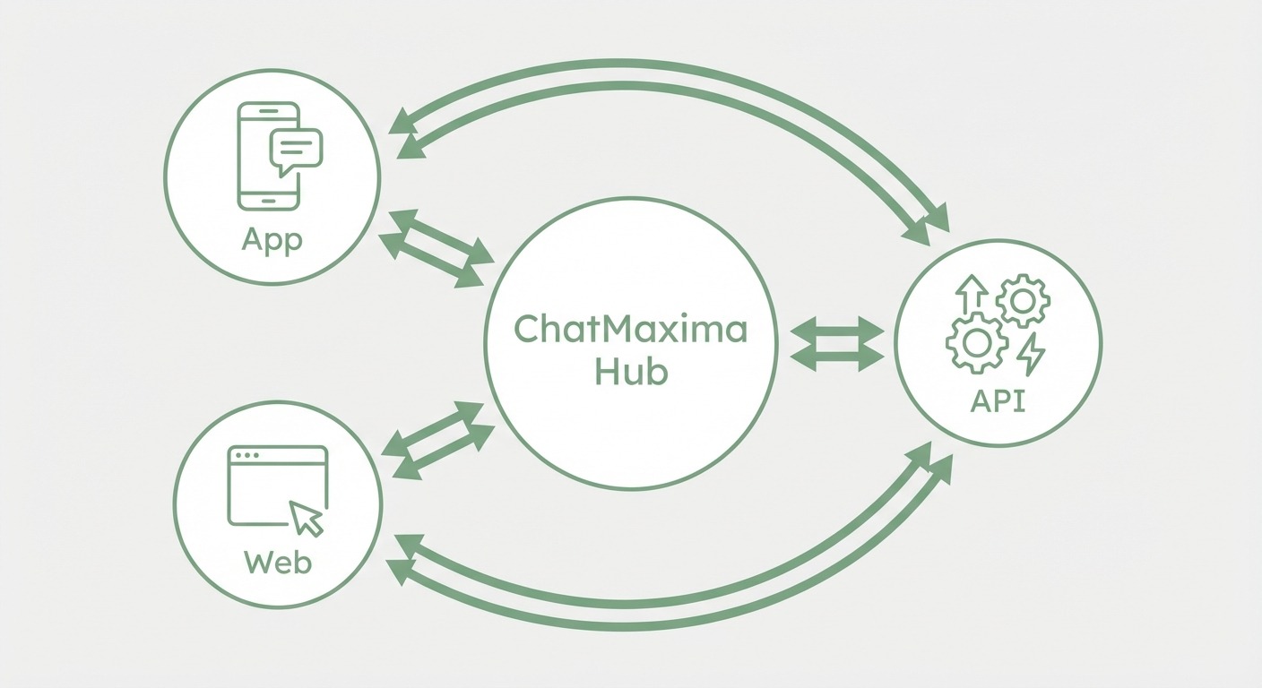 Minimalist style diagram showing three interconnected circles labeled "App" (with phone icon), "Web"
