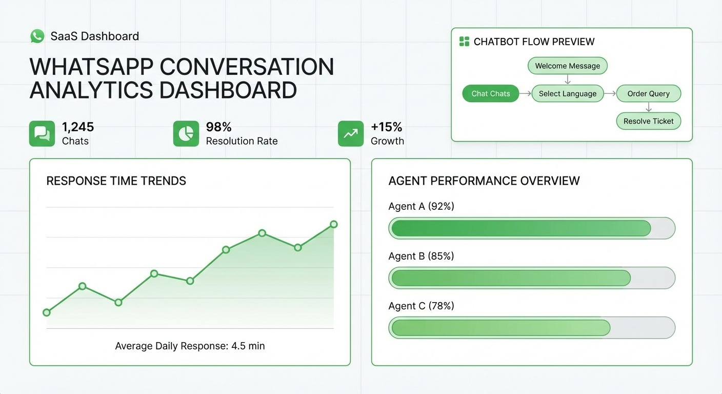 Stats and Data style image showing a clean dashboard mockup with WhatsApp conversation analytics, in