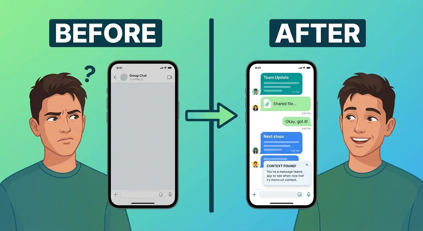 Gradient modern style comparison graphic showing "Before" and "After" Group Message History. Left si