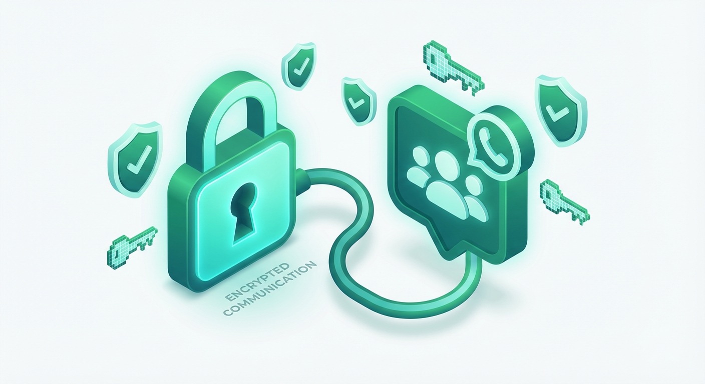 3D isometric illustration showing a padlock icon connected to a WhatsApp group chat bubble, with shi