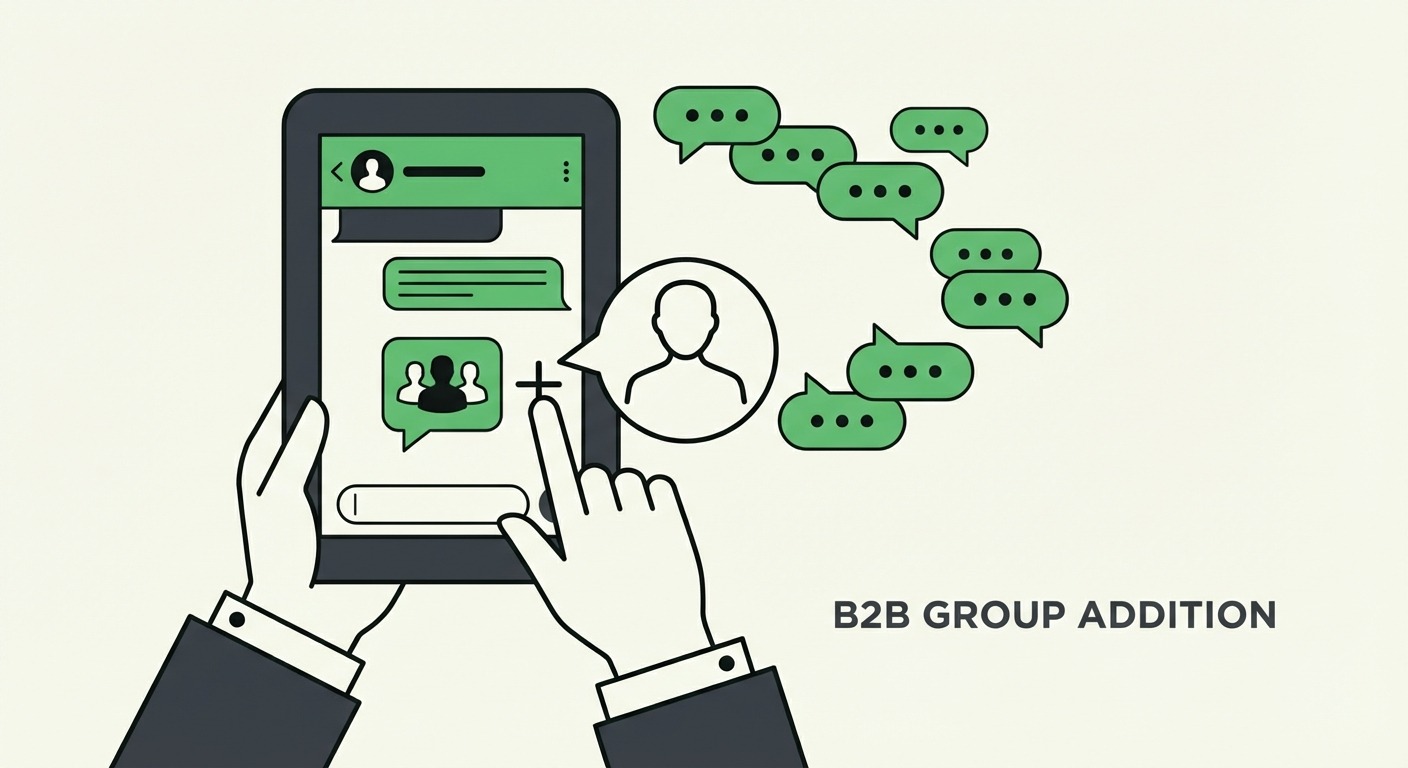 Minimalist illustration showing a business professional adding a new contact to a WhatsApp group on 