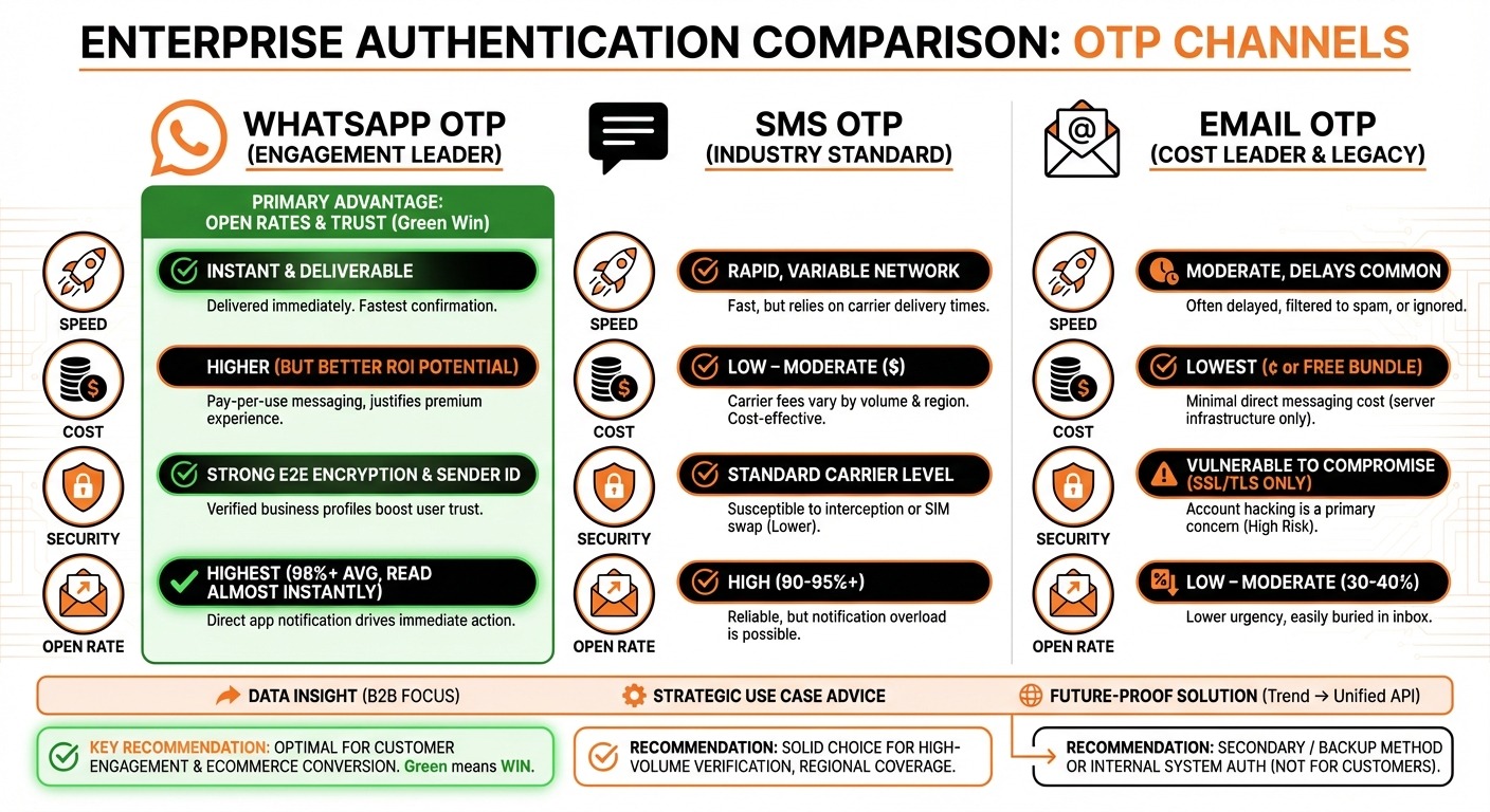 Clean comparison infographic showing three columns - WhatsApp OTP, SMS OTP, Email OTP - with icons f