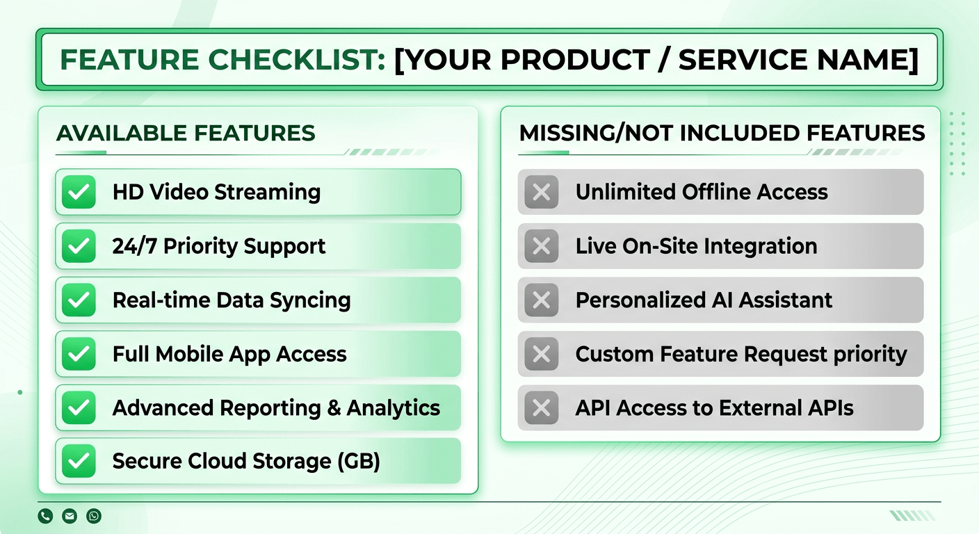 Checklist graphic showing features available and features missing, with green checkmarks and gray X