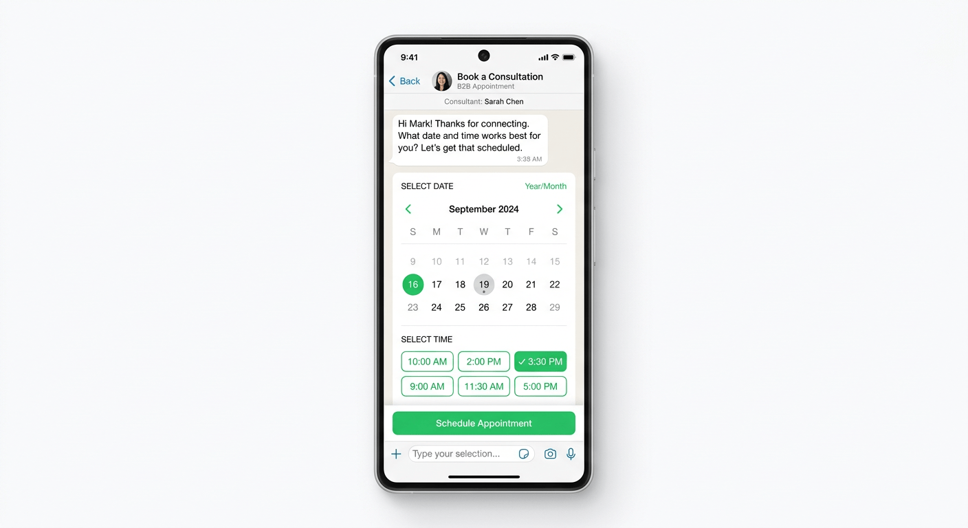 Clean product screenshot mockup of a WhatsApp chat screen showing a scheduling interface with date p
