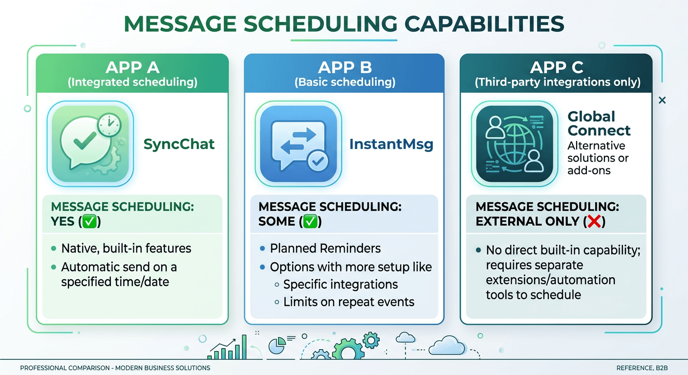 Comparison visual showing three messaging app icons side by side with scheduling capability checkmar