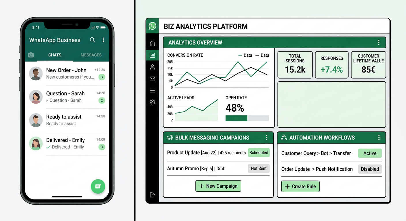 Split screen comparison showing a single phone with WhatsApp on the left and a business dashboard wi