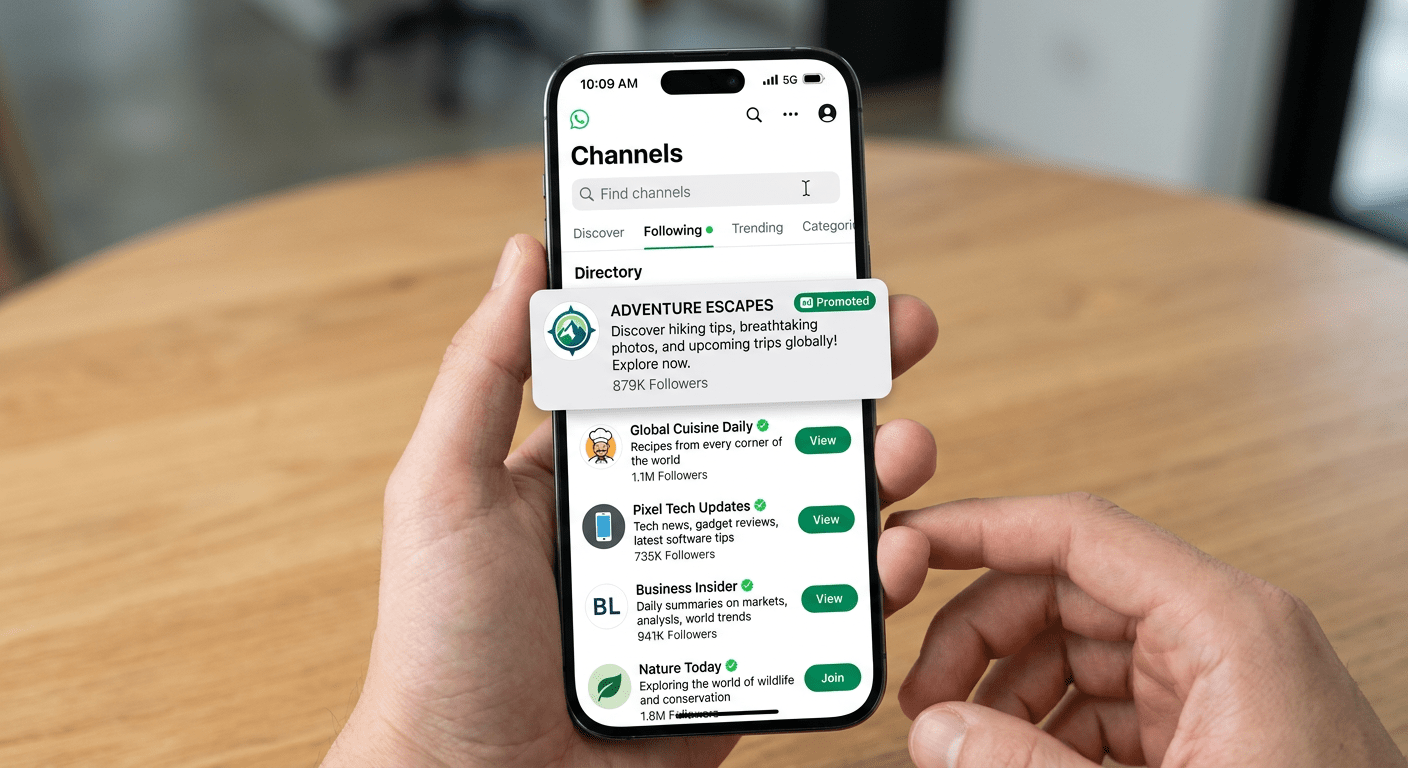 A smartphone screen showing the WhatsApp Channels directory with several channel listings, one highl