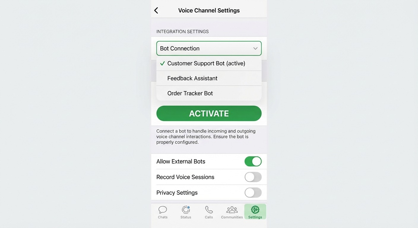 WhatsApp Voice channel settings showing bot connection dropdown with Activate bu