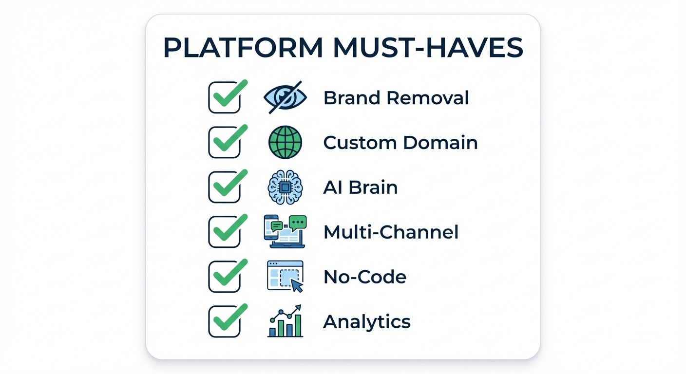 Checklist graphic with 6 checkbox items for platform must-haves. Icons: brand removal (eye with slas