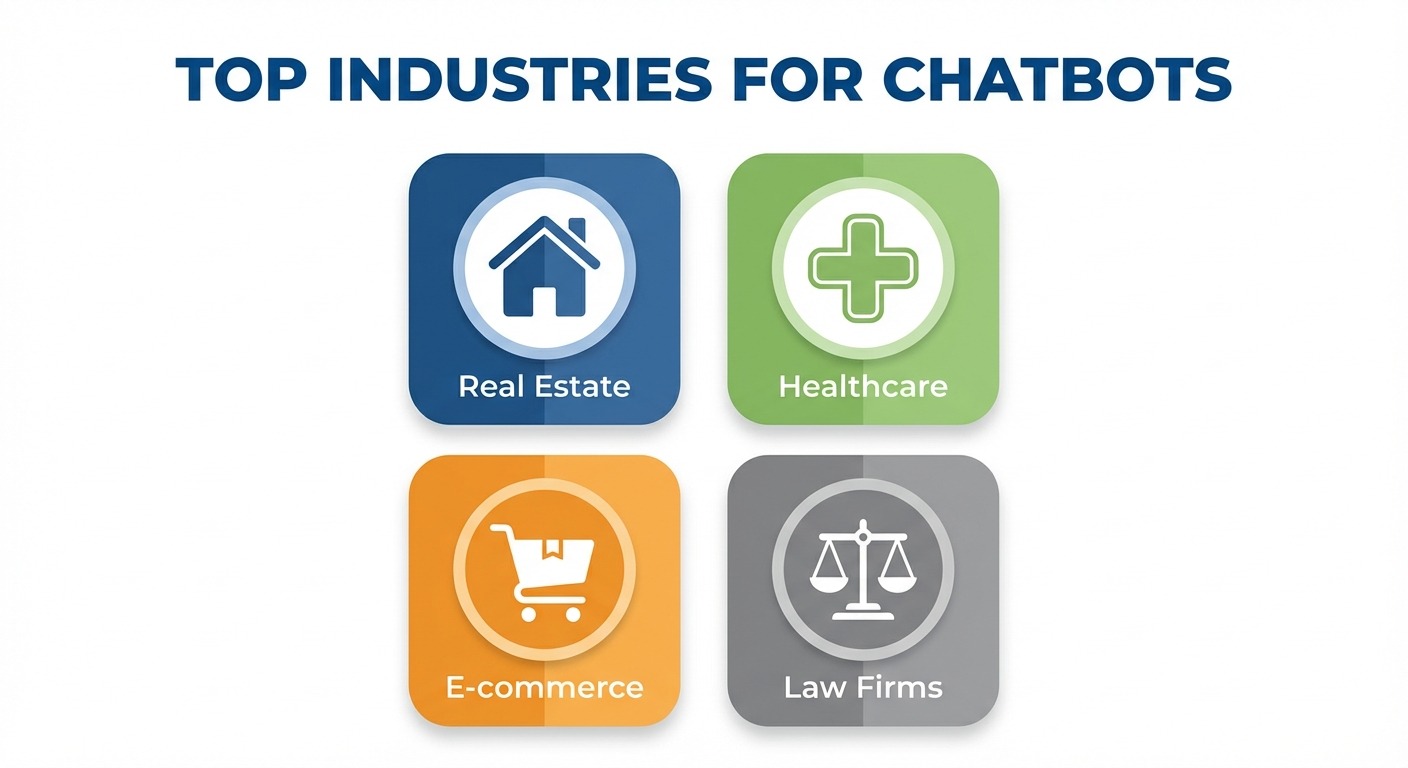 Four industry icons in 2x2 grid. Top left: house icon (Real Estate, blue). Top right: medical cross 