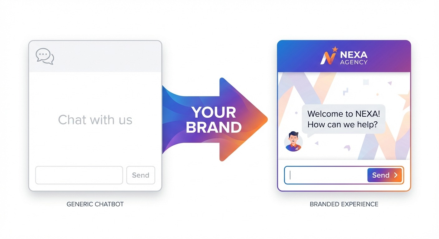 Infographic style illustration showing transformation concept. Left side: plain white chatbot widget