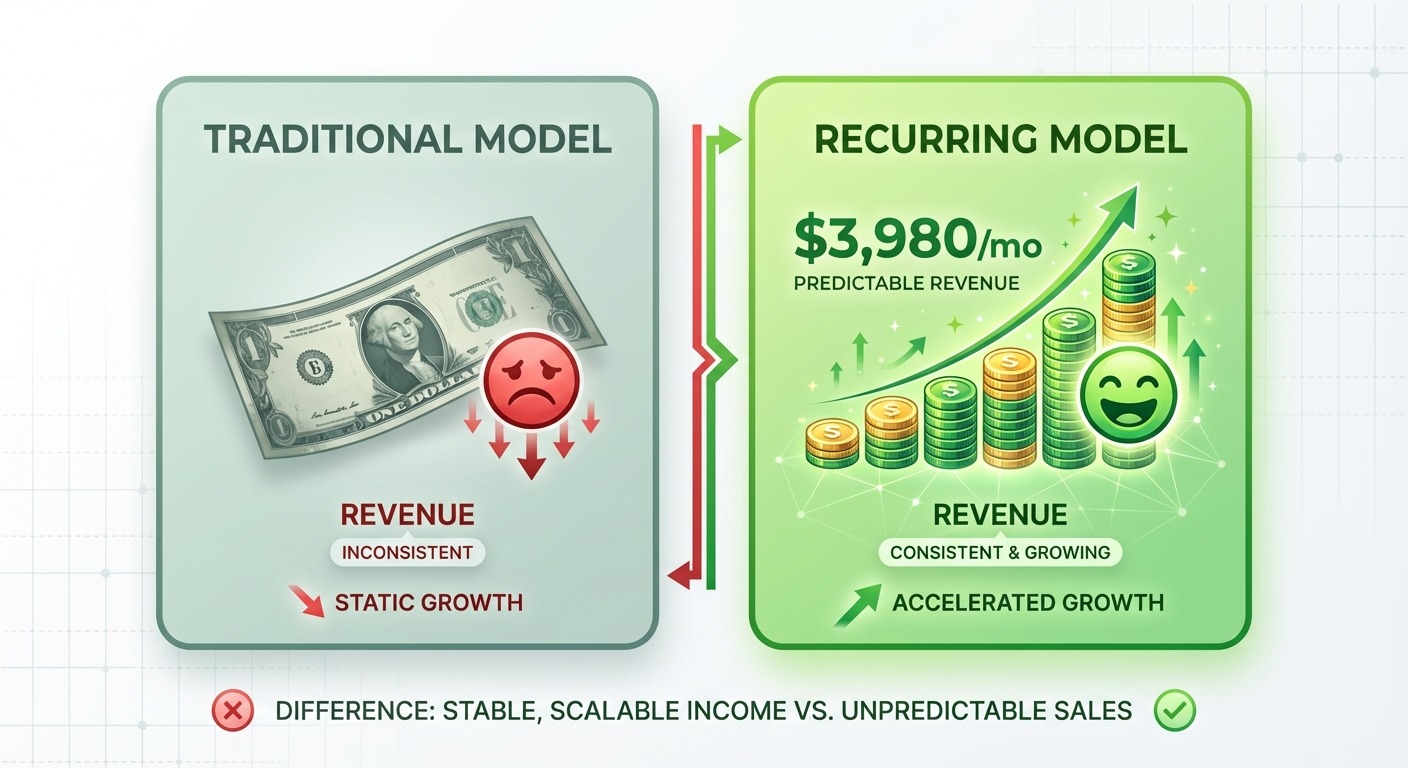 Side-by-side comparison graphic. Left box: 'Traditional Model' with single dollar bill and sad face 