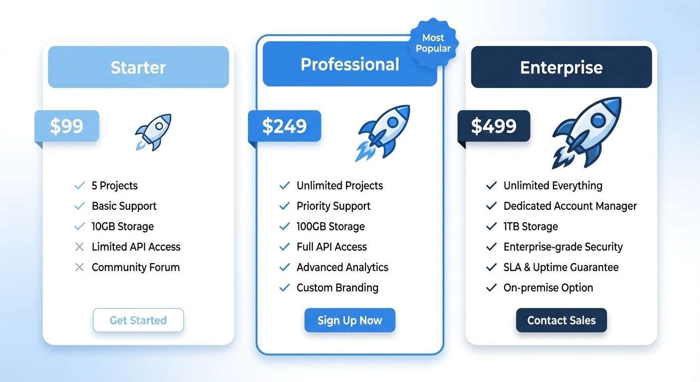 Three-tier pricing table visual. Three columns: 'Starter $99', 'Professional $249' (highlighted blue
