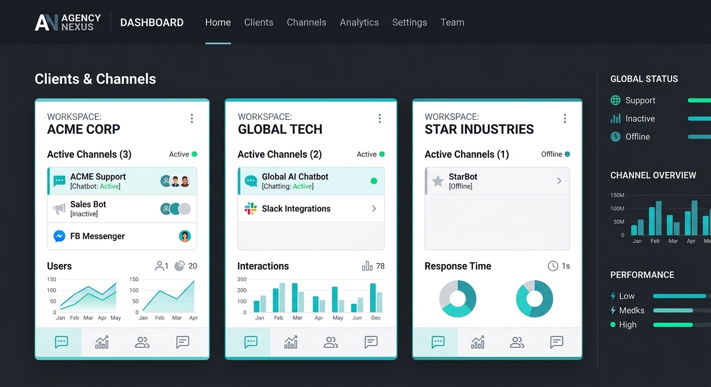 Clean Product style B2B illustration showing agency dashboard with multiple client workspaces and chatbot channels side by side, flat design, dark background with white UI cards floating straight NO tilt NO rotation, professional B2B, NO purple NO violet