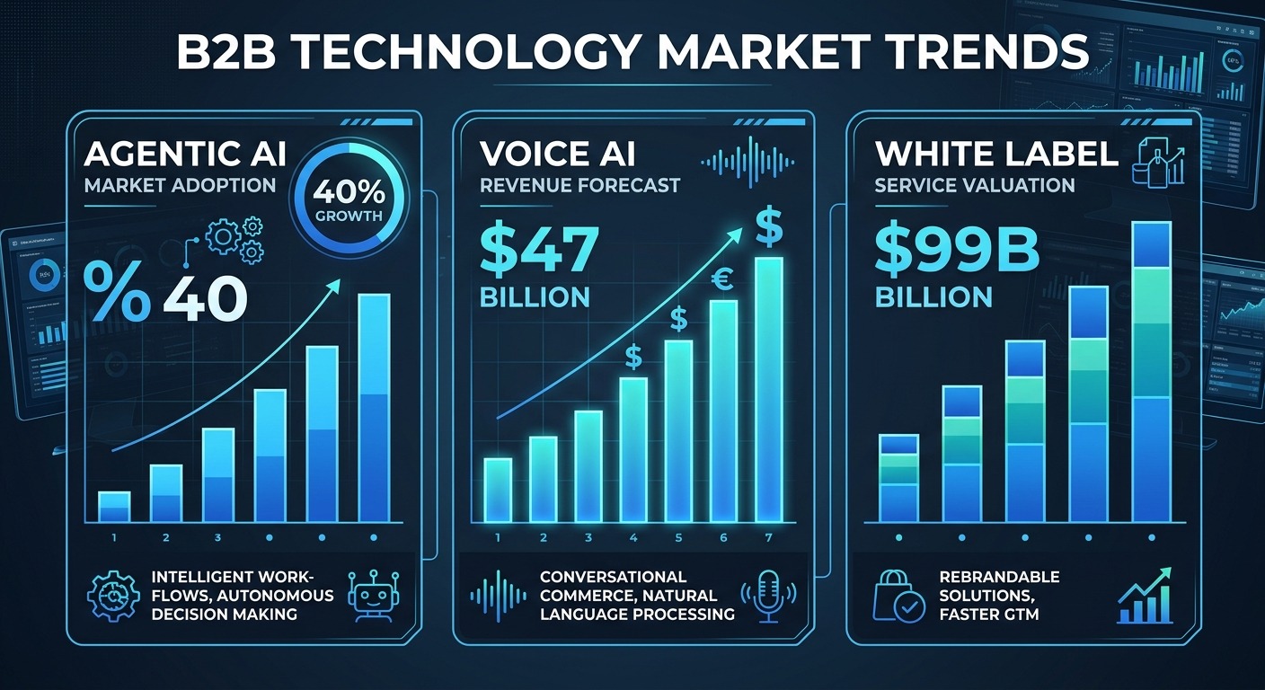 Stats and Data B2B style infographic showing three trend bars labeled Agentic AI 40 percent Voice AI 47B and White Label 99B with clean bar charts and data visualization, dark professional background, NO purple NO violet NO orange