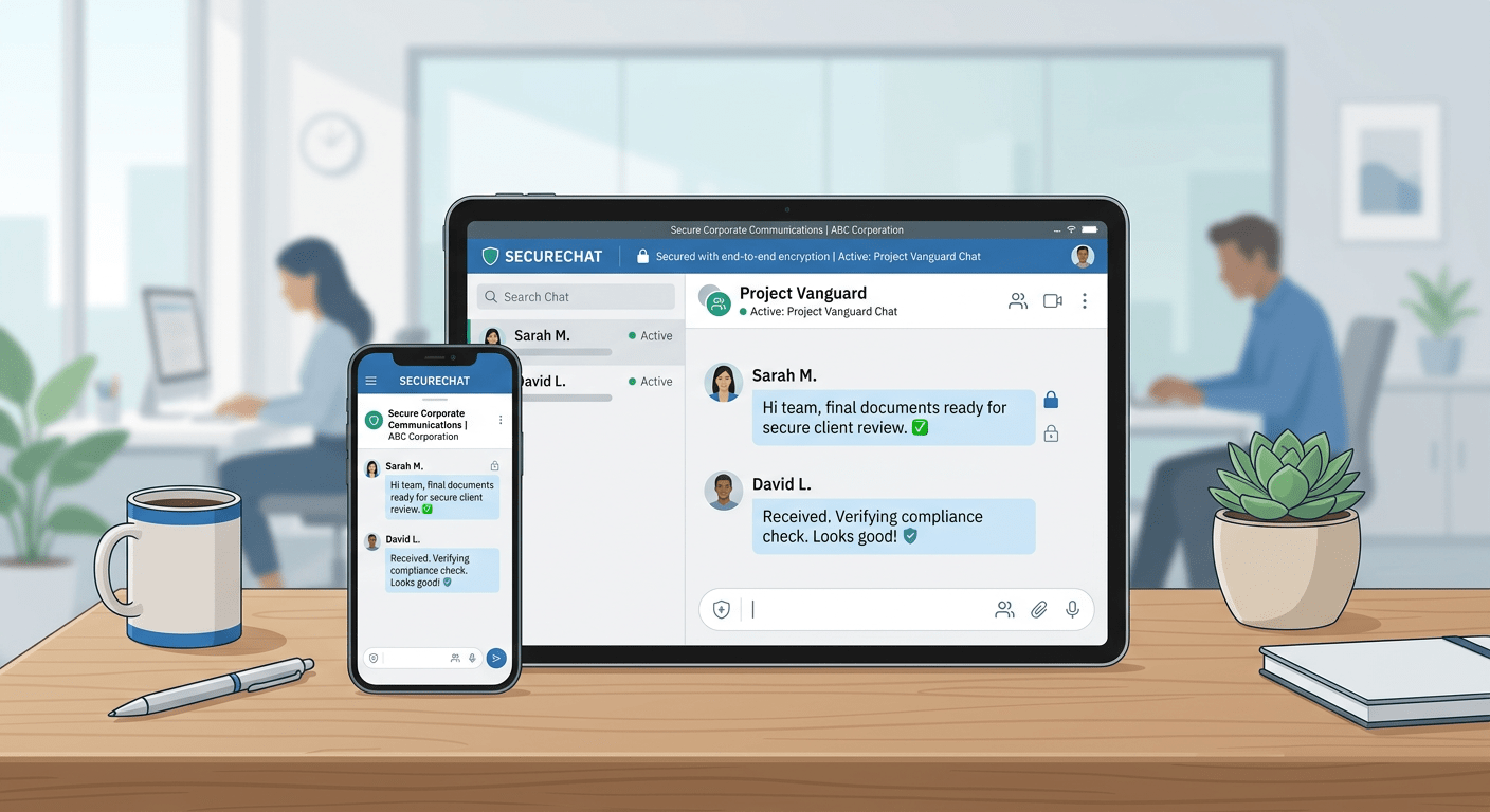 Minimalist B2B style illustration showing a secure chat interface on a clean neutral background, soft professional lighting, corporate aesthetic, NO purple, NO violet