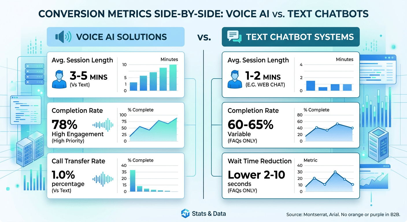 Stats & Data style B2B infographic showing side-by-side conversion metrics for voice AI vs text chatbots, clean modern design with floating data cards straight NO tilt NO rotation, professional corporate aesthetic, NO purple, NO violet