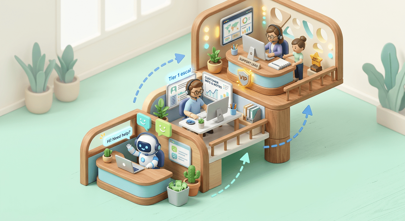 3D Isometric illustration style. A miniature three-tier support desk setup on a light mint green sur