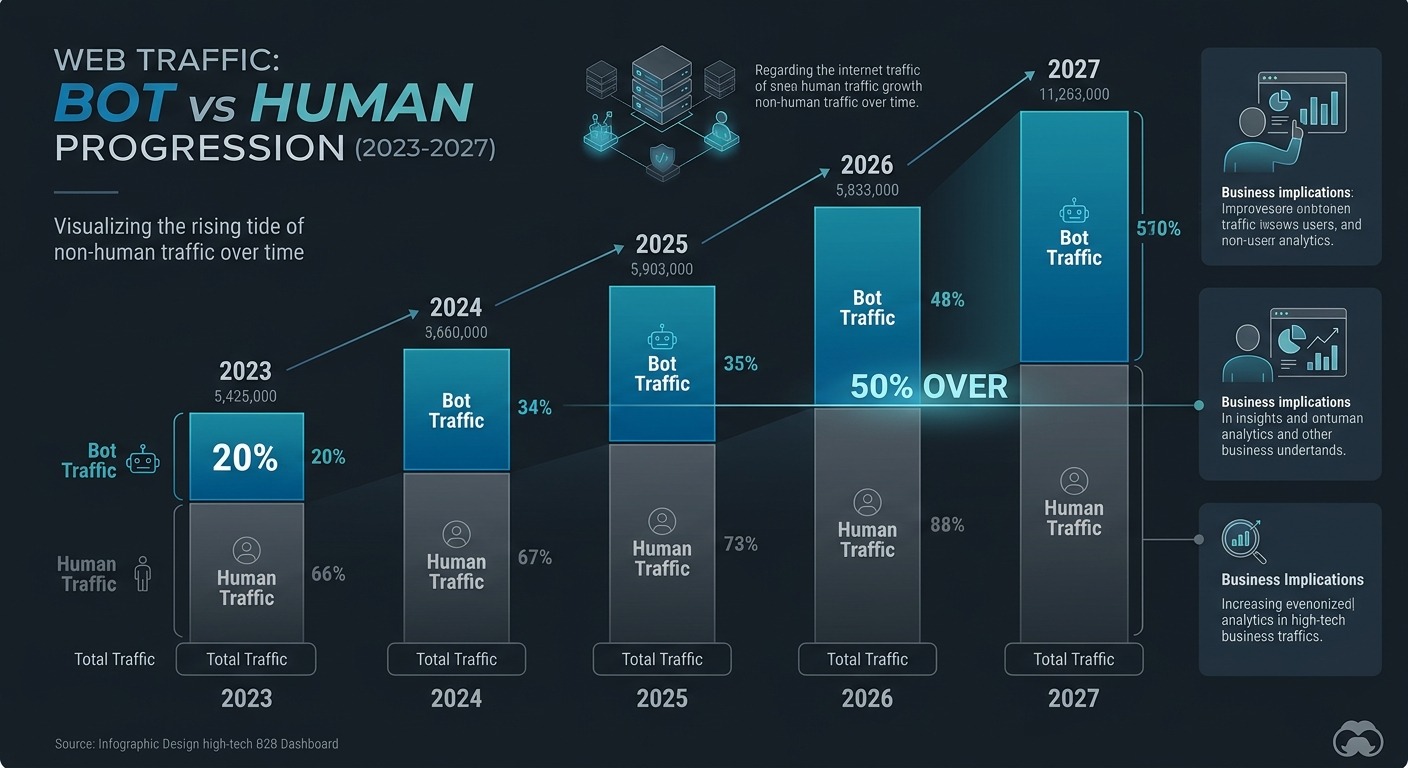 Clean infographic style showing traffic split progression from 2023 to 2027, bar chart with 20% bot traffic growing to over 50%, clean modern design with dark background and orange accent bars, professional B2B aesthetic, NO purple NO violet
