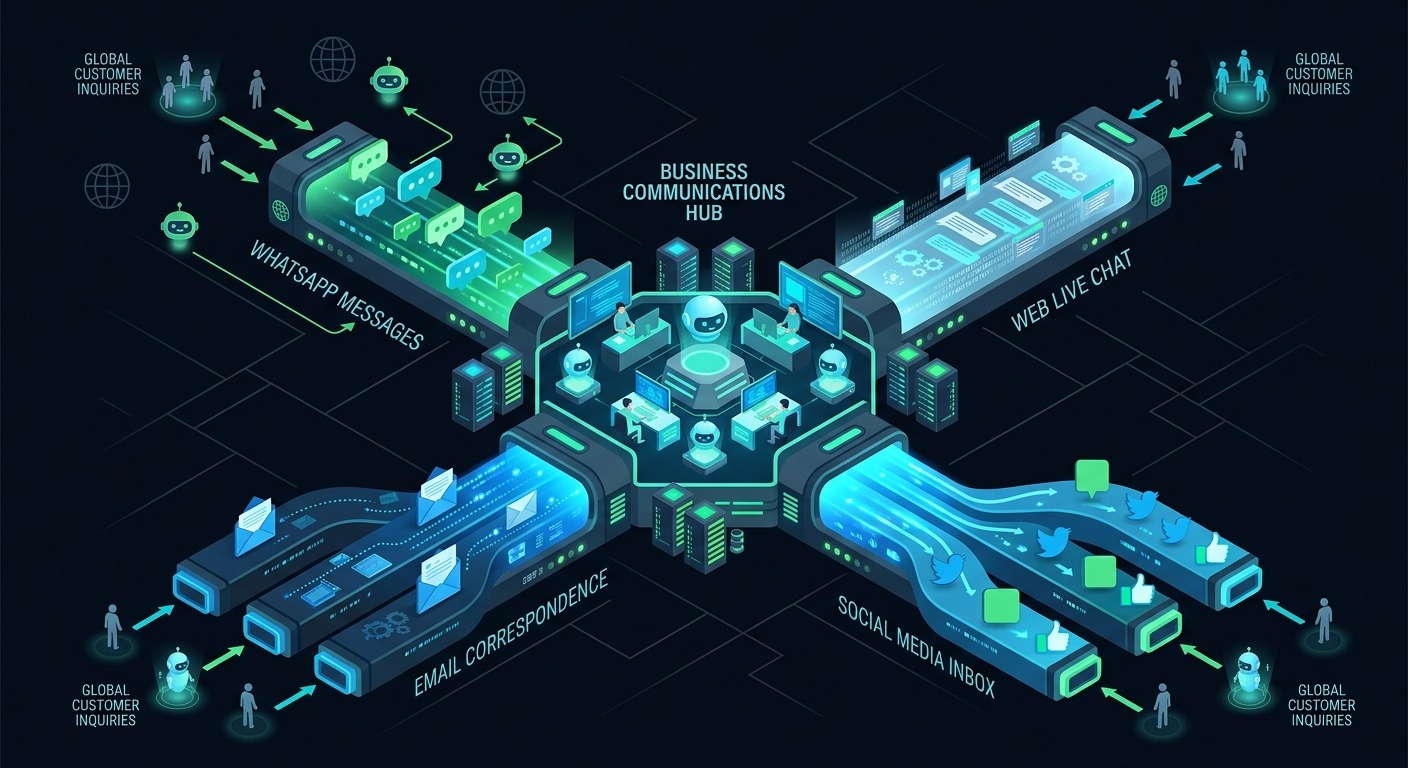 3D Isometric illustration of a business hub with multiple communication channels radiating outward including WhatsApp, web chat, social media, each channel showing bot and human traffic flowing in, clean modern style, dark background, orange and teal accents, NO purple NO violet